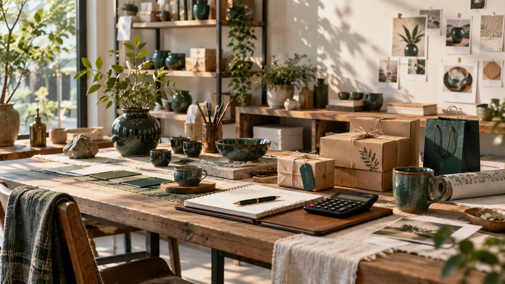 产品设计工作室的陶瓷和包装样品,旁边只有少量业务记录,账务支持产品经营的关系明确