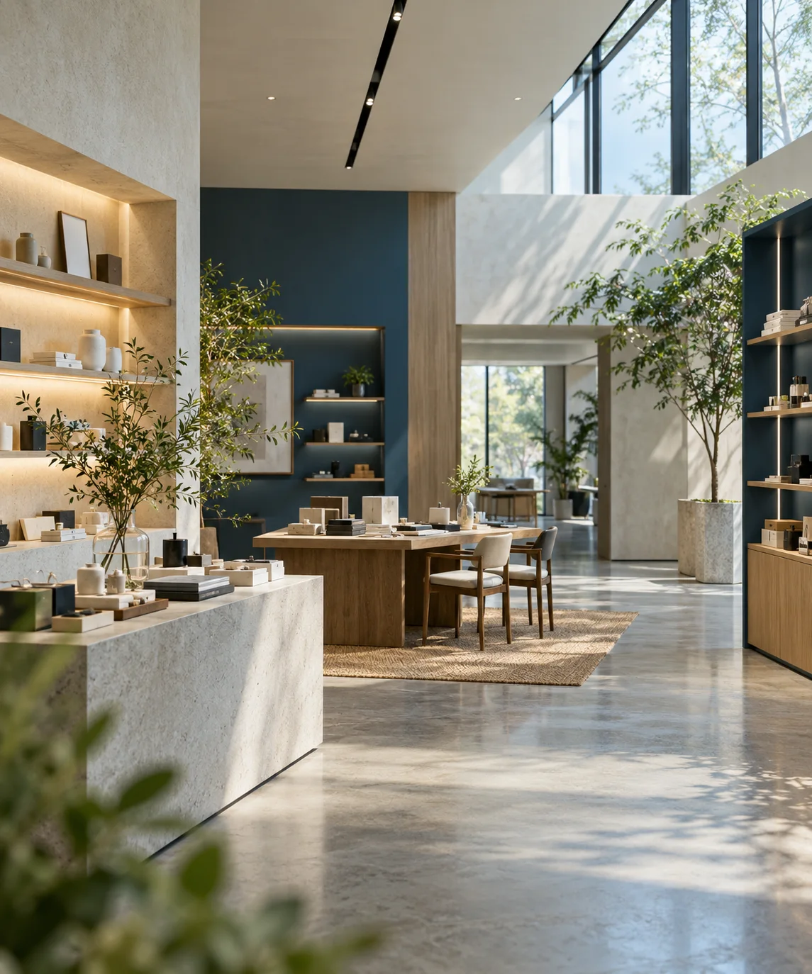 现代小型展厅,分区清楚、产品陈列克制,日光由高窗进入,表现开展业务前的秩序