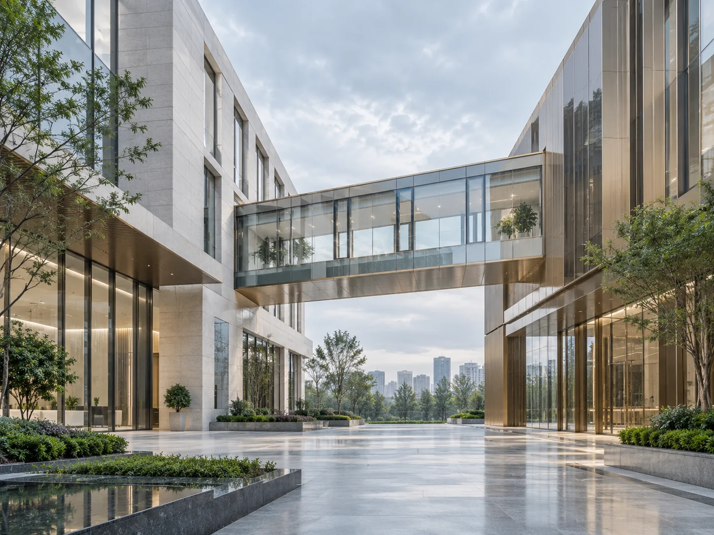 两翼不同材质的建筑通过通透廊桥相连，体量真实克制，以空间关系表达调整与协同
