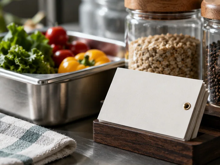 食品储物容器、清洁设备边缘与无字食品经营准备卡片的局部质感,突出认真准备