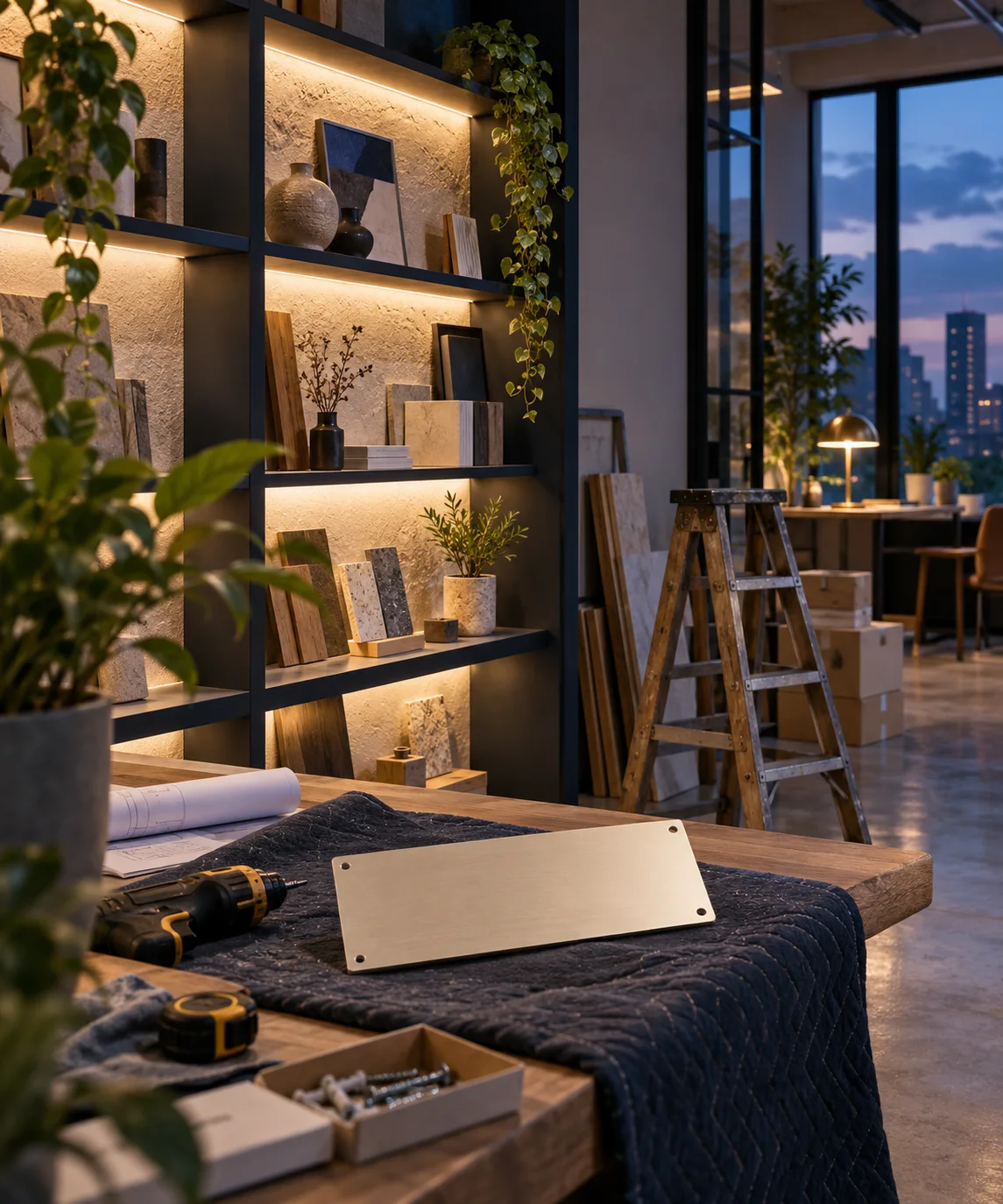 新工作室的样品展示墙刚布置好，未安装的空白门牌与工具放在前景，表达搬迁更新