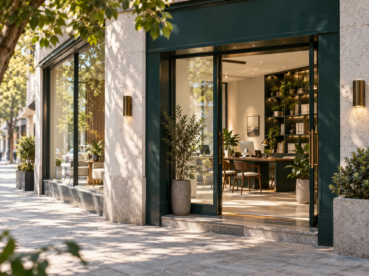 通透的现代街角独立店铺，石材门廊框住温暖的陈列空间，经营日常已从容展开