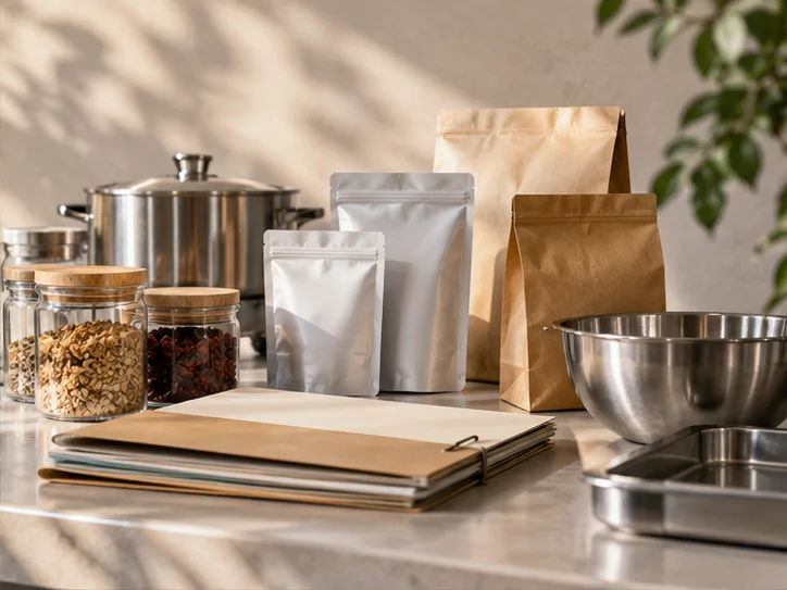 一组食品器物、设备材料与资料封套组成精细静物装置,禁止证书印章和获批勾号