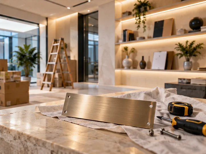 新工作室的样品展示墙刚布置好，未安装的空白门牌与工具放在前景，表达搬迁更新