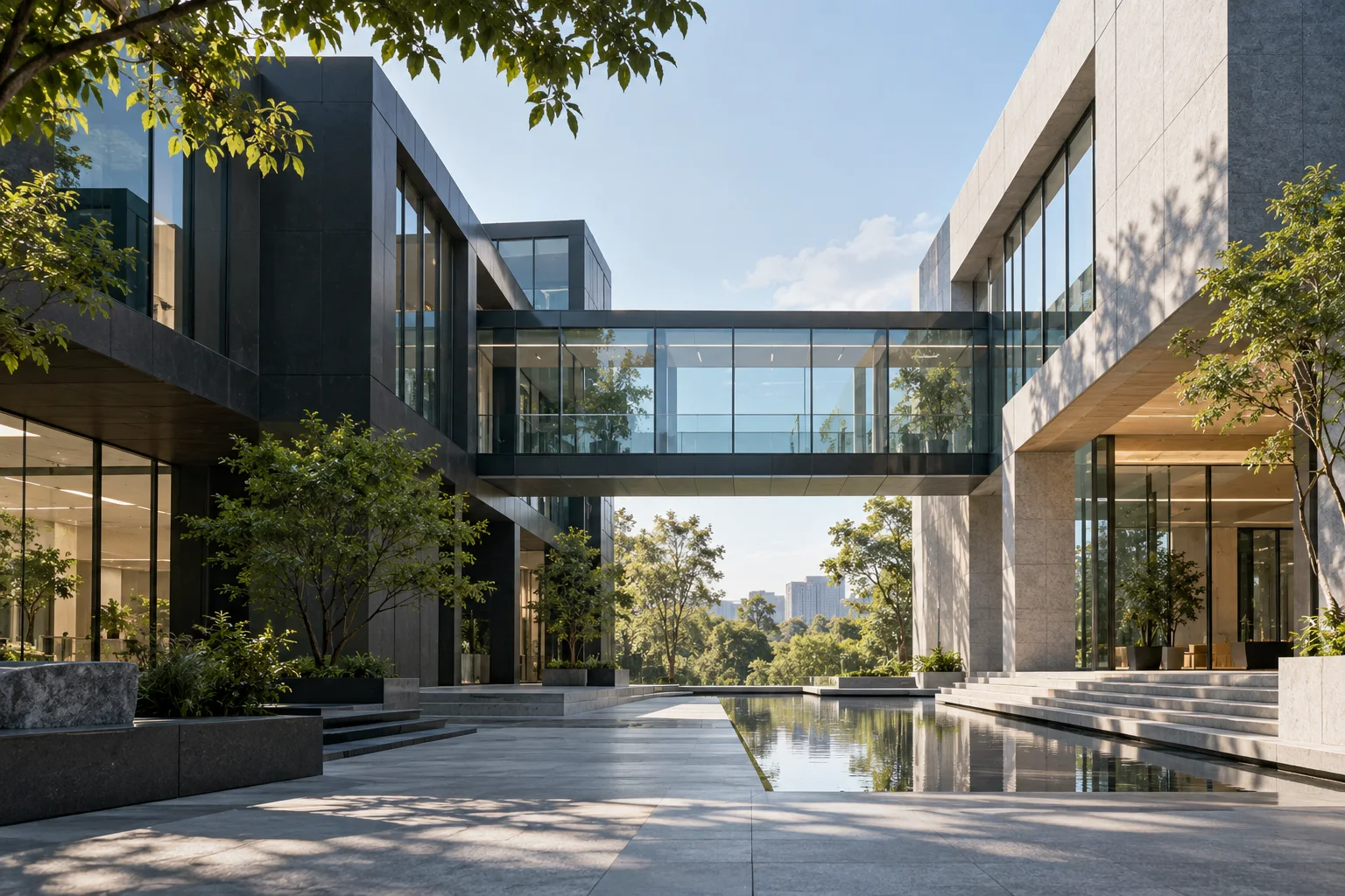 两翼不同材质的建筑通过通透廊桥相连，体量真实克制，以空间关系表达调整与协同