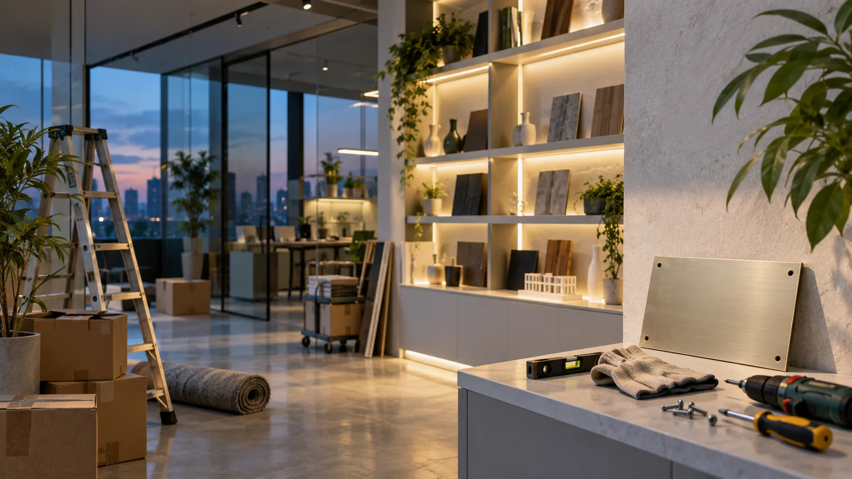 新工作室的样品展示墙刚布置好,未安装的空白门牌与工具放在前景,表达搬迁更新