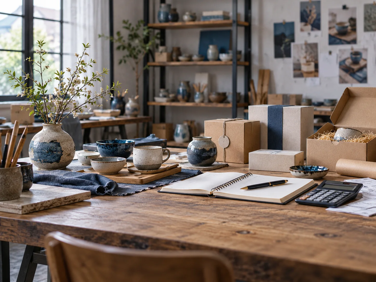 产品设计工作室的陶瓷和包装样品,旁边只有少量业务记录,账务支持产品经营的关系明确