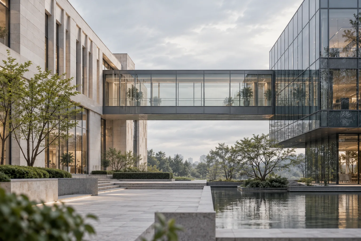 两翼不同材质的建筑通过通透廊桥相连,体量真实克制,以空间关系表达调整与协同