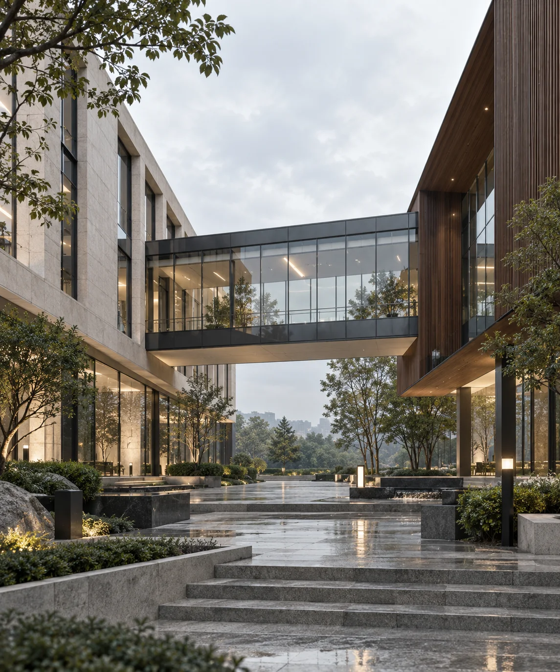 两翼不同材质的建筑通过通透廊桥相连，体量真实克制，以空间关系表达调整与协同