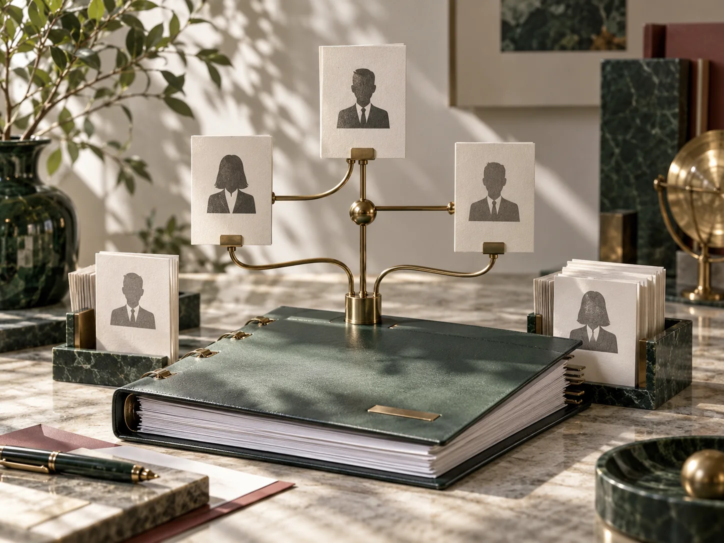 几组实体纸质成员记录通过精细金属结构重新衔接到一本公司资料册，写实材质装置表达人员与组织关系调整