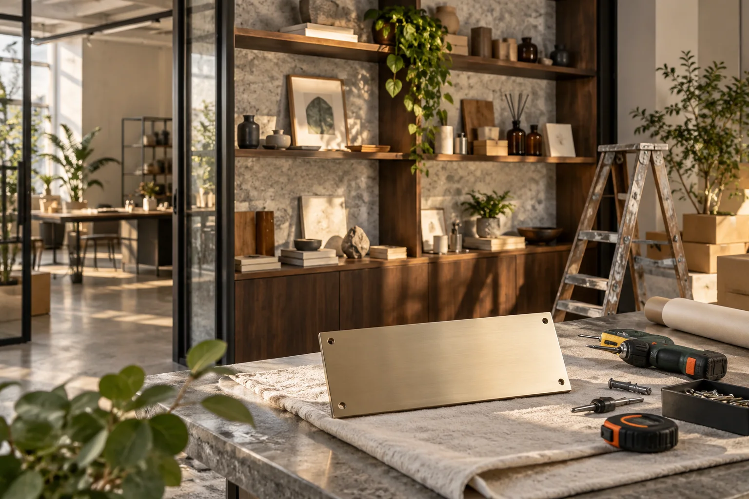 新工作室的样品展示墙刚布置好，未安装的空白门牌与工具放在前景，表达搬迁更新