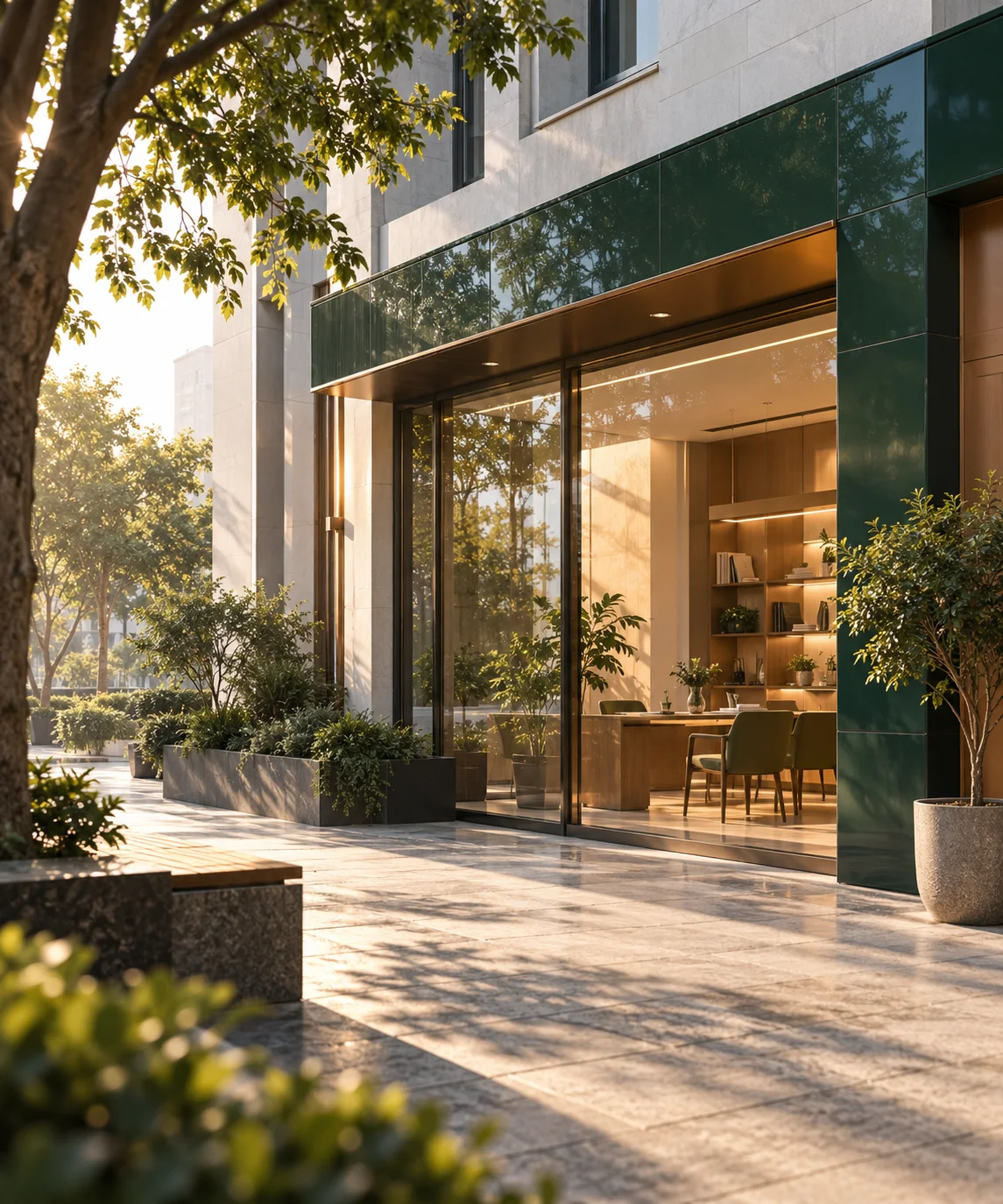 晨间商业建筑的侧立面,精心布置的橱窗成为小范围暖色焦点,前景树影与材质细节丰富