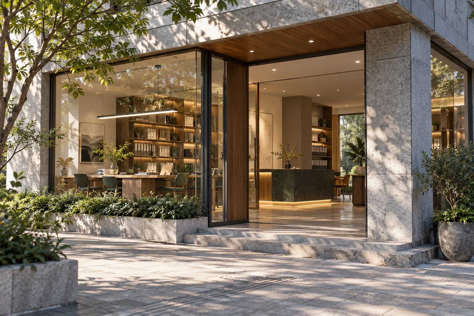通透的现代街角独立店铺，石材门廊框住温暖的陈列空间，经营日常已从容展开