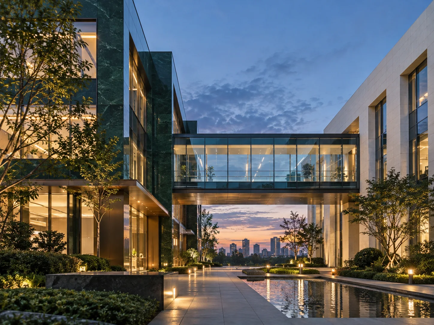 两翼不同材质的建筑通过通透廊桥相连，体量真实克制，以空间关系表达调整与协同