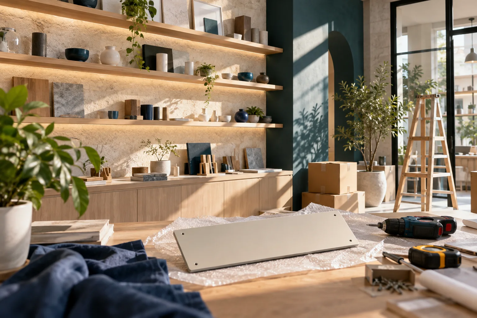 新工作室的样品展示墙刚布置好,未安装的空白门牌与工具放在前景,表达搬迁更新