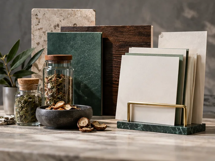 经营产品样品、空间材质板和无字资料以三个真实层次汇成完整准备结构，表达按实际业务梳理条件