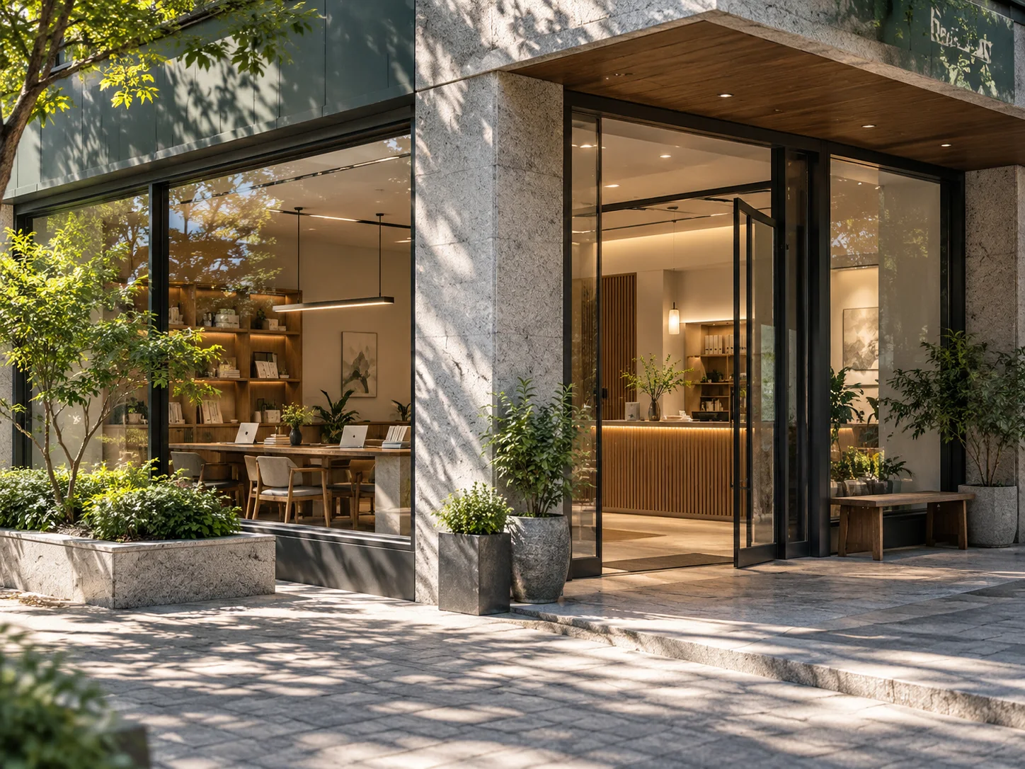 通透的现代街角独立店铺,石材门廊框住温暖的陈列空间,经营日常已从容展开