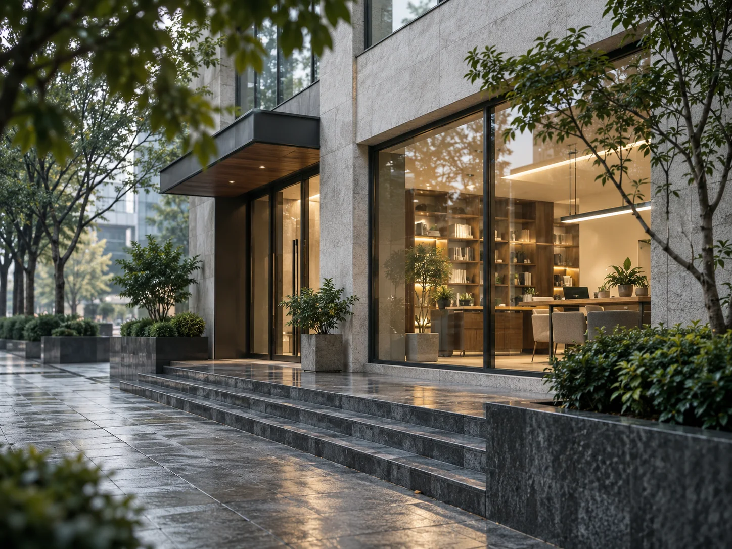 晨间商业建筑的侧立面，精心布置的橱窗成为小范围暖色焦点，前景树影与材质细节丰富