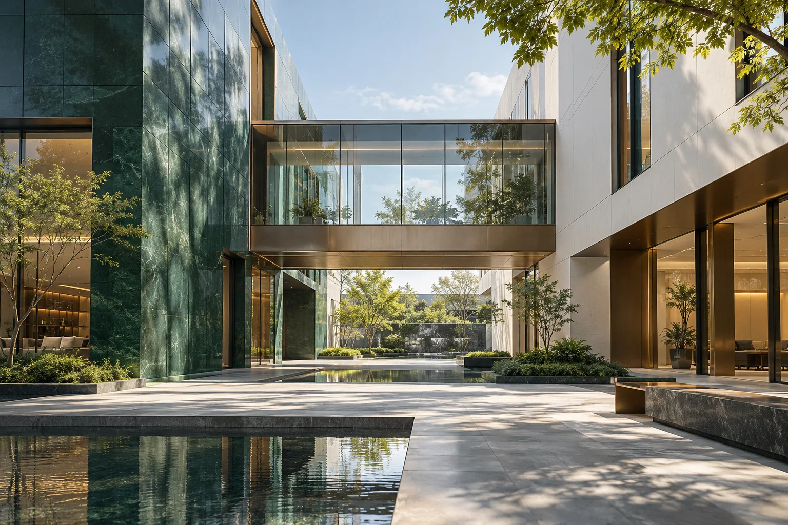 两翼不同材质的建筑通过通透廊桥相连,体量真实克制,以空间关系表达调整与协同