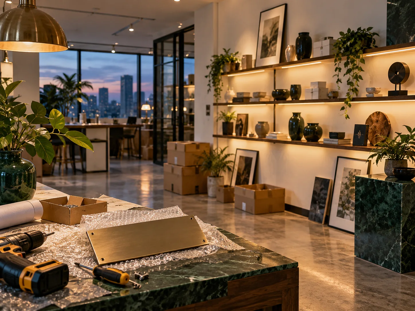 新工作室的样品展示墙刚布置好，未安装的空白门牌与工具放在前景，表达搬迁更新
