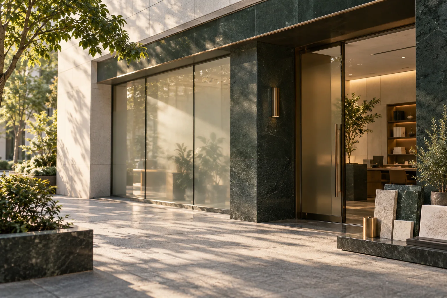 有石材门庭与磨砂玻璃的沿街商业空间,前景可见待布置的展示样品