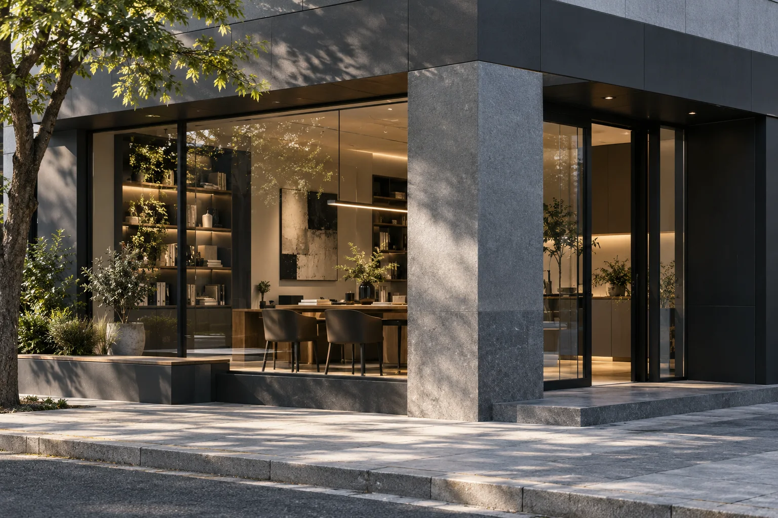 通透的现代街角独立店铺,石材门廊框住温暖的陈列空间,经营日常已从容展开