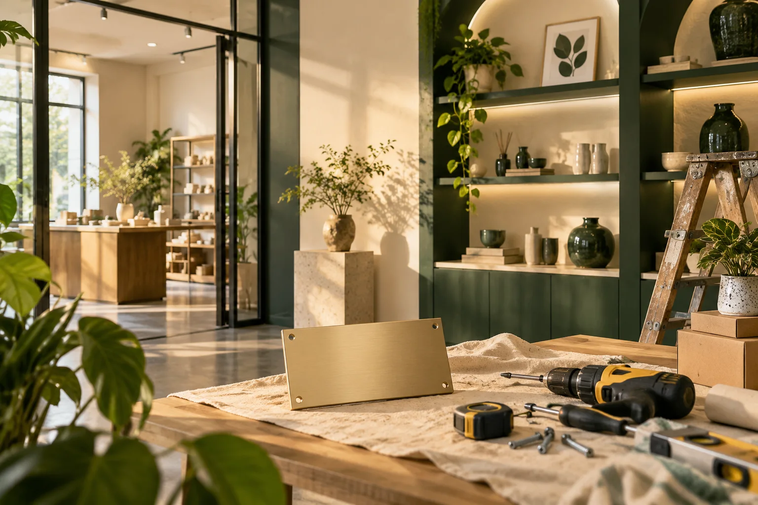 新工作室的样品展示墙刚布置好,未安装的空白门牌与工具放在前景,表达搬迁更新