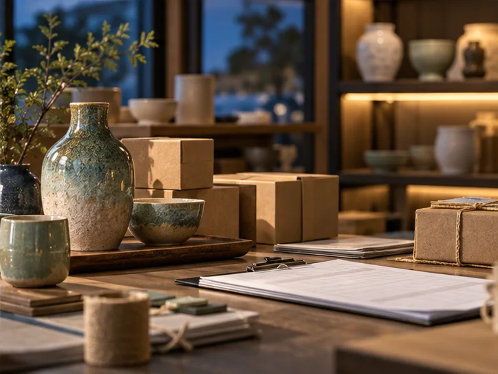 产品设计工作室的陶瓷和包装样品,旁边只有少量业务记录,账务支持产品经营的关系明确