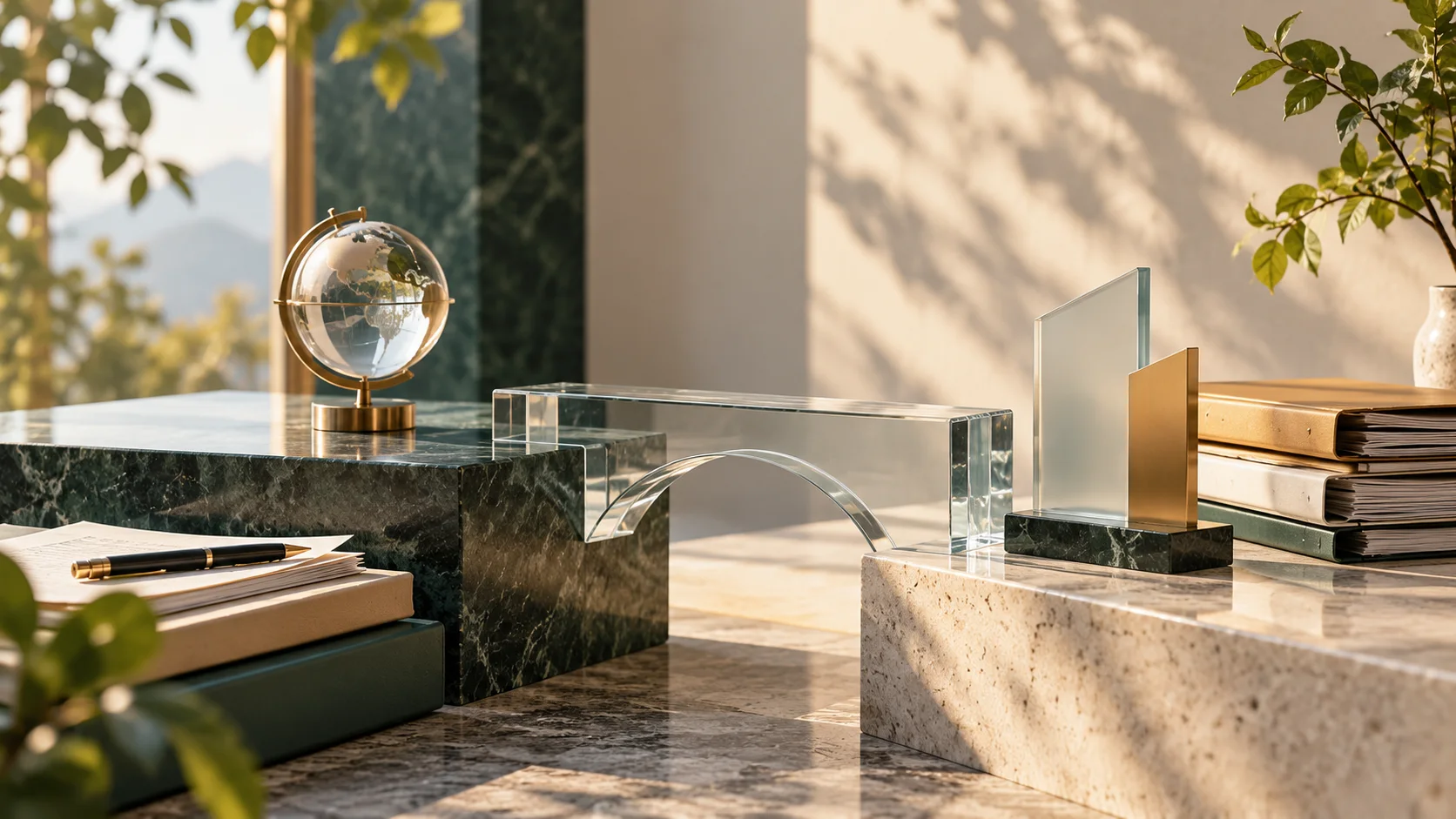 两块不同色温的石材平台由玻璃构件精准衔接,平台上是少量真实资料与无字标识样板