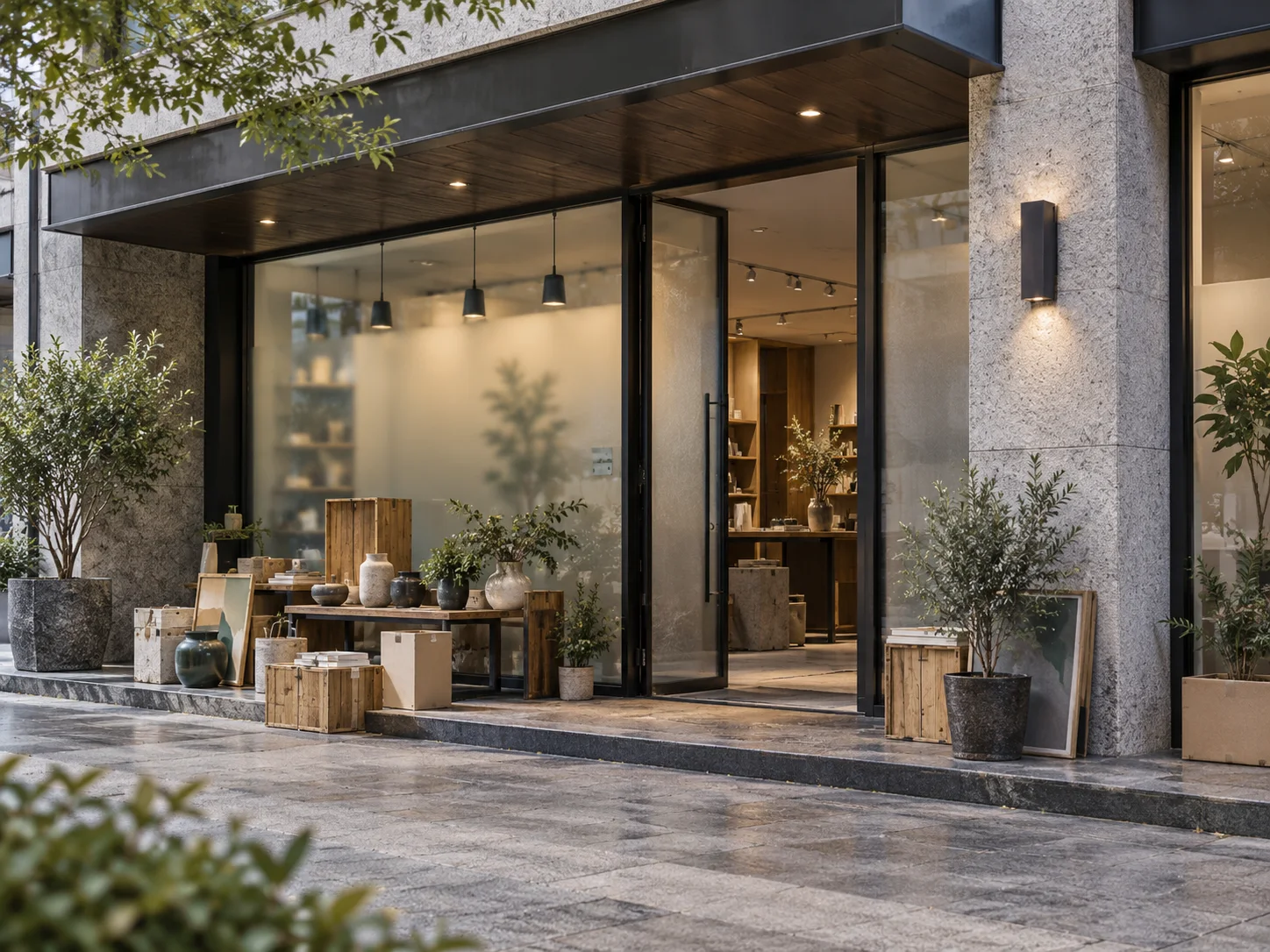 有石材门庭与磨砂玻璃的沿街商业空间,前景可见待布置的展示样品