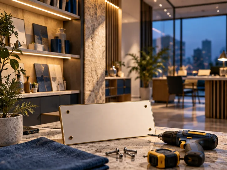 新工作室的样品展示墙刚布置好，未安装的空白门牌与工具放在前景，表达搬迁更新