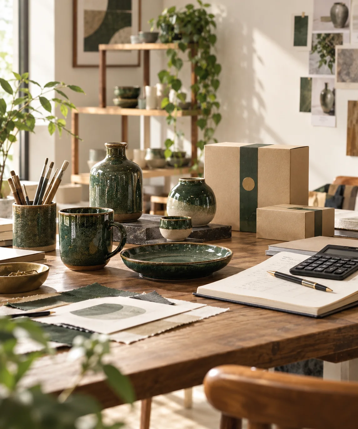 产品设计工作室的陶瓷和包装样品,旁边只有少量业务记录,账务支持产品经营的关系明确