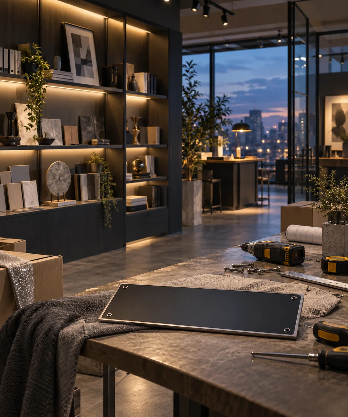 新工作室的样品展示墙刚布置好，未安装的空白门牌与工具放在前景，表达搬迁更新