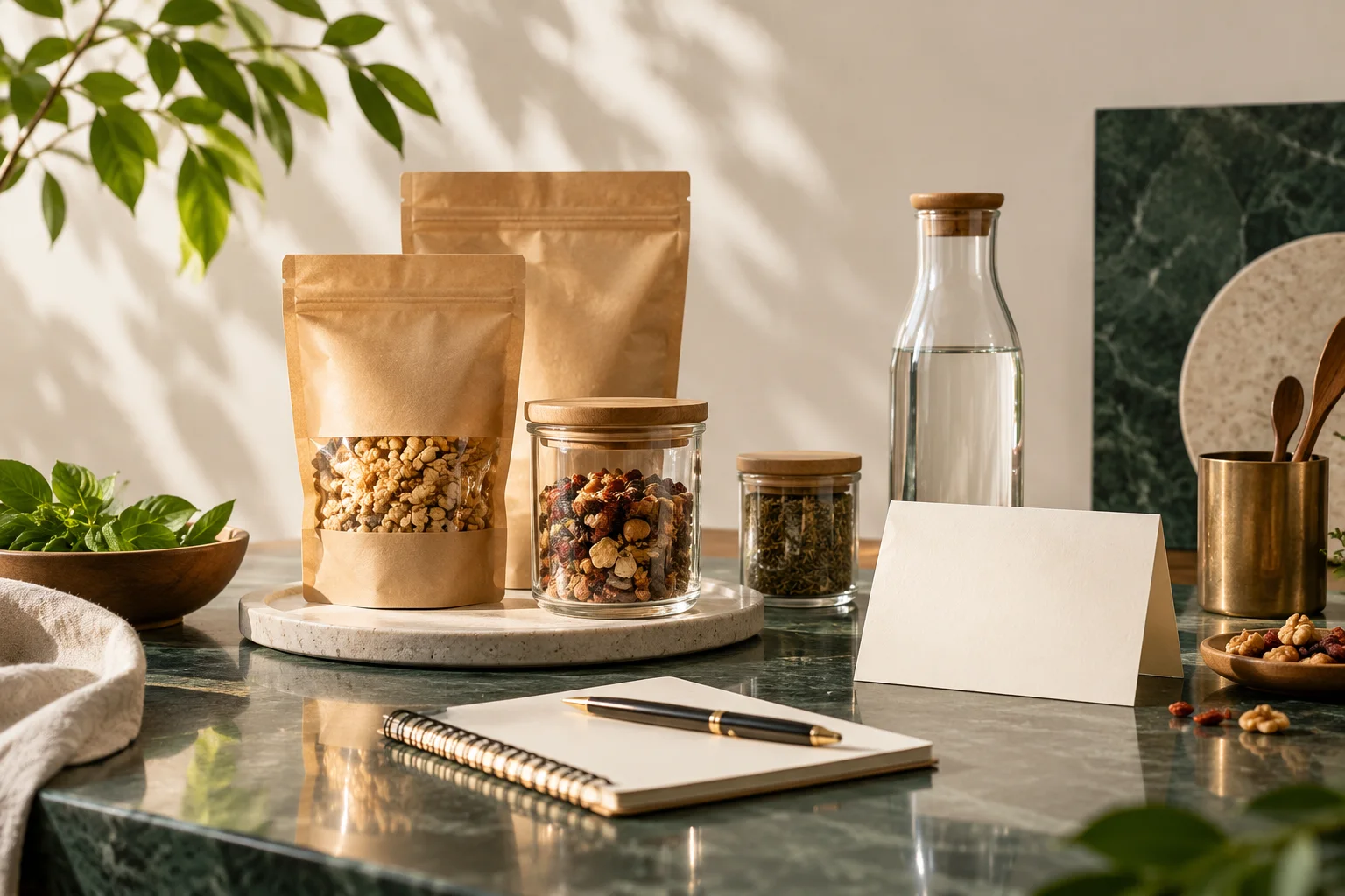 食品包装样品、干净玻璃器皿和无字准备记录卡，形成经营筹备的实物构图