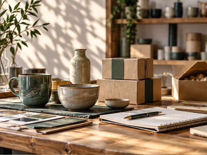 产品设计工作室的陶瓷和包装样品,旁边只有少量业务记录,账务支持产品经营的关系明确