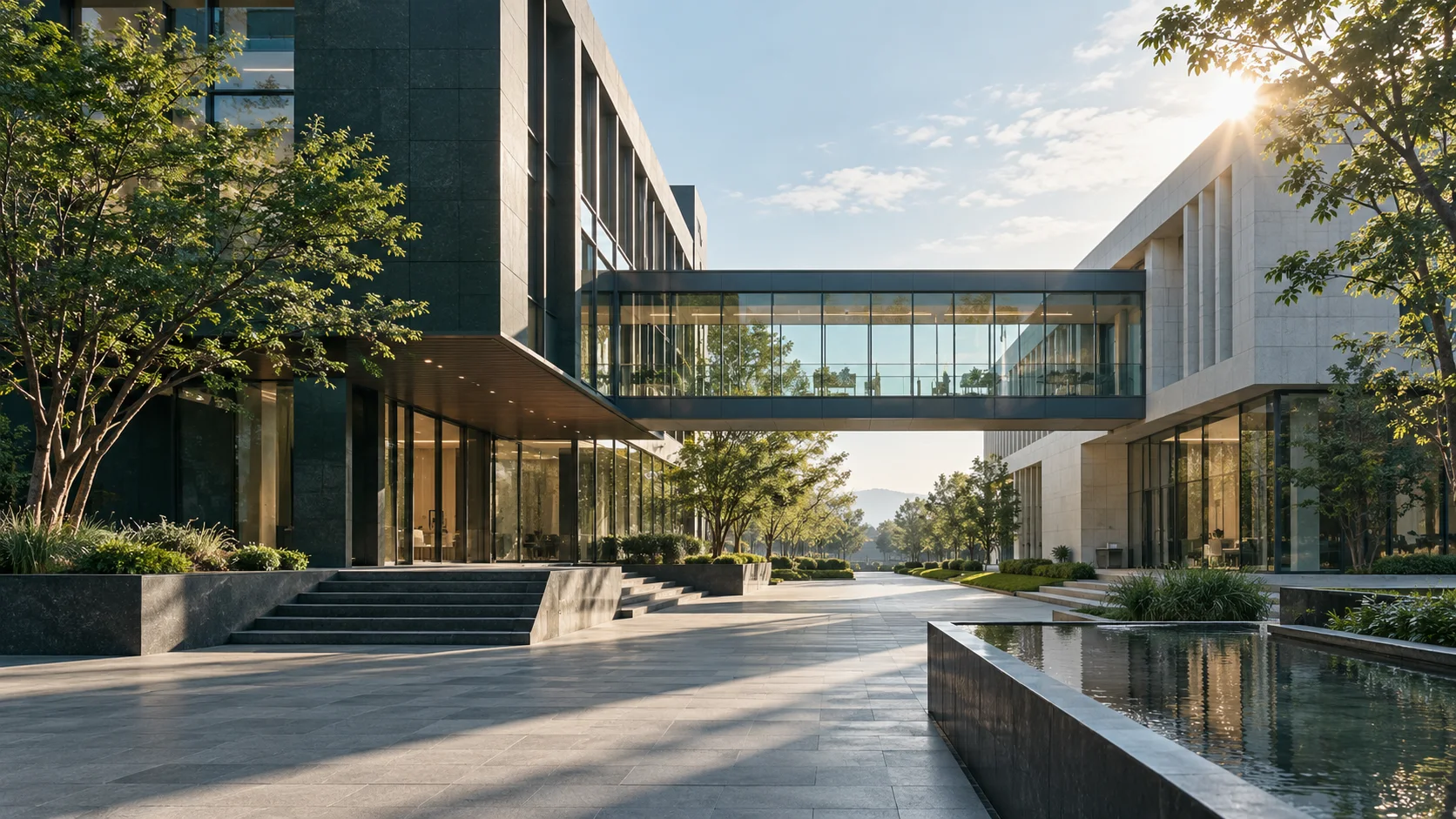 两翼不同材质的建筑通过通透廊桥相连，体量真实克制，以空间关系表达调整与协同