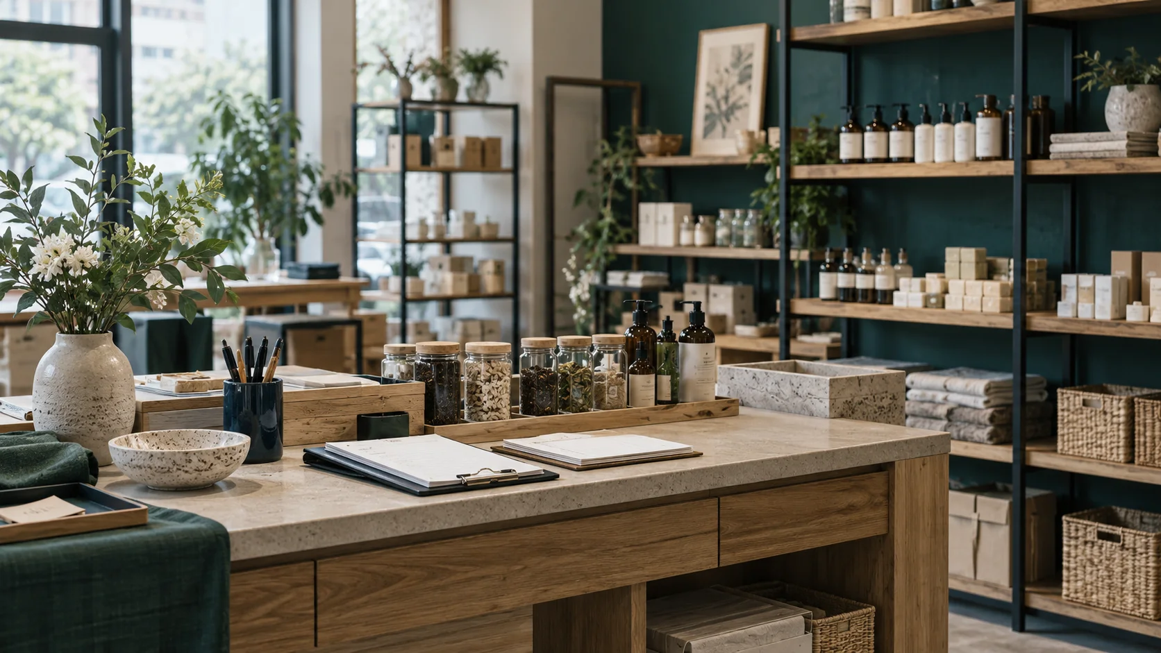 干净的产品样品与分类存储空间，细致的货架、空白资料记录，表现业务条件梳理
