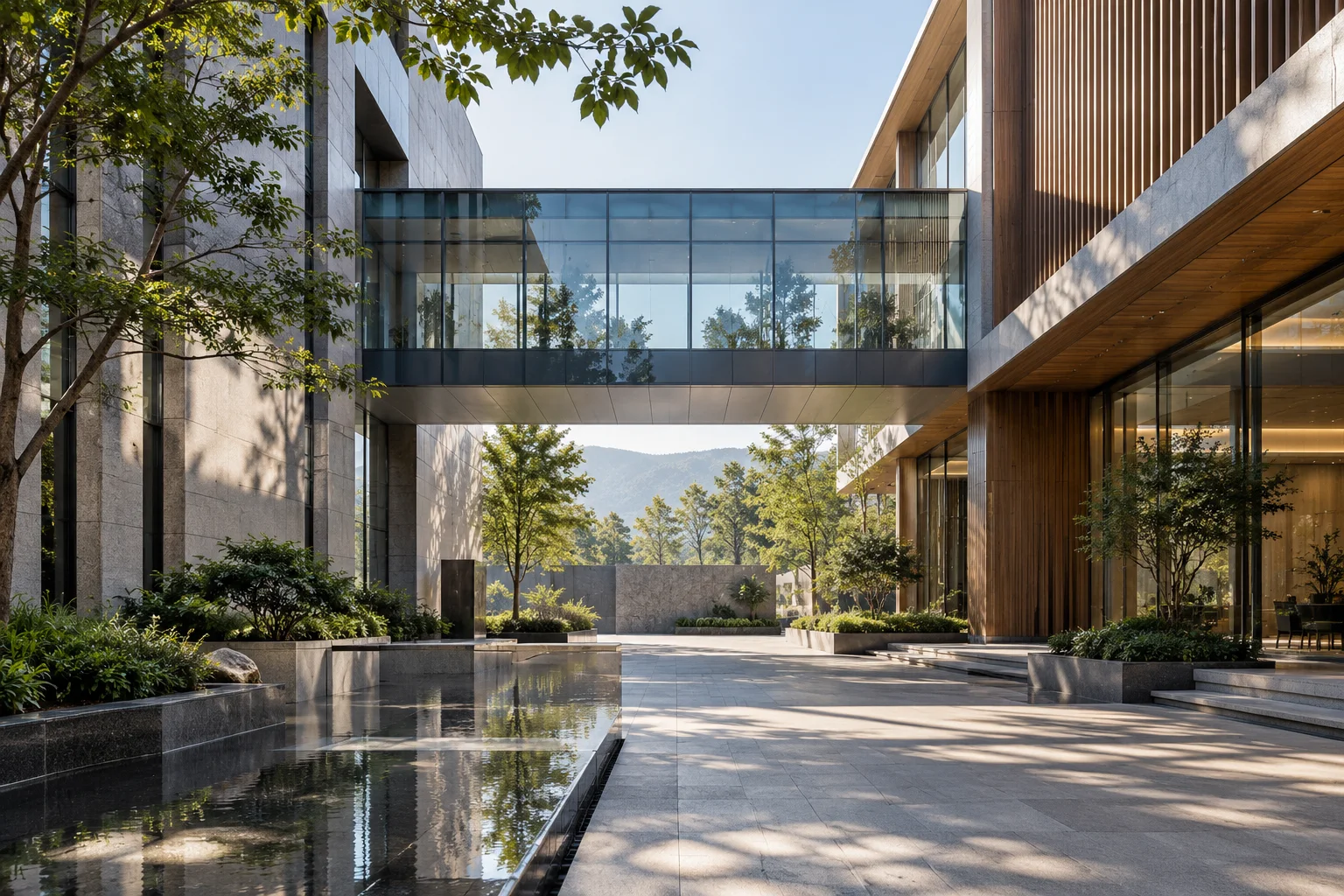 两翼不同材质的建筑通过通透廊桥相连，体量真实克制，以空间关系表达调整与协同