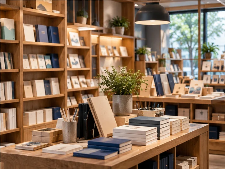 小型图书与文创门店的货架和包装区,书脊无可读文字,表现经营条件准备
