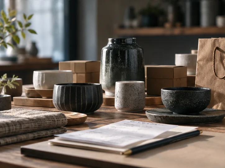 产品设计工作室的陶瓷和包装样品，旁边只有少量业务记录，账务支持产品经营的关系明确