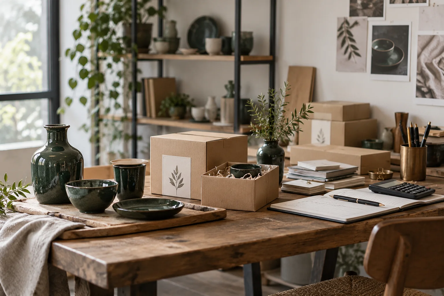 产品设计工作室的陶瓷和包装样品，旁边只有少量业务记录，账务支持产品经营的关系明确