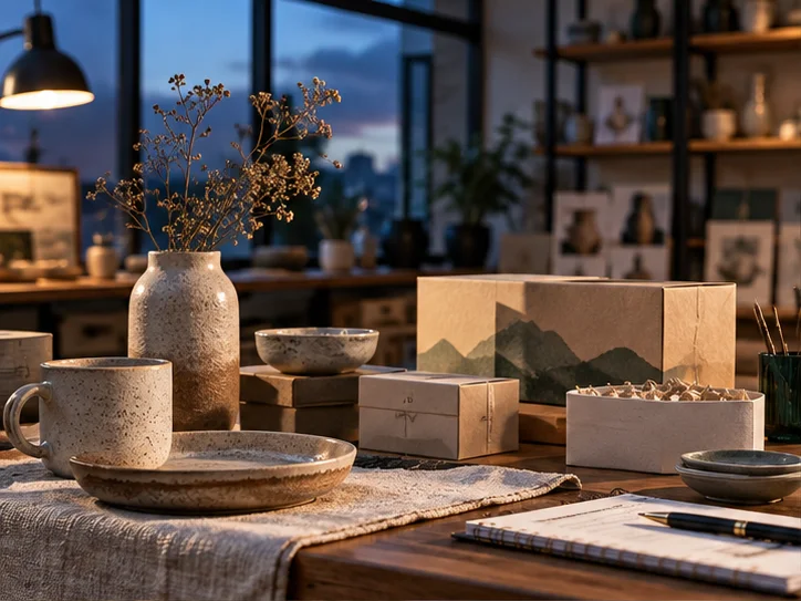 产品设计工作室的陶瓷和包装样品，旁边只有少量业务记录，账务支持产品经营的关系明确