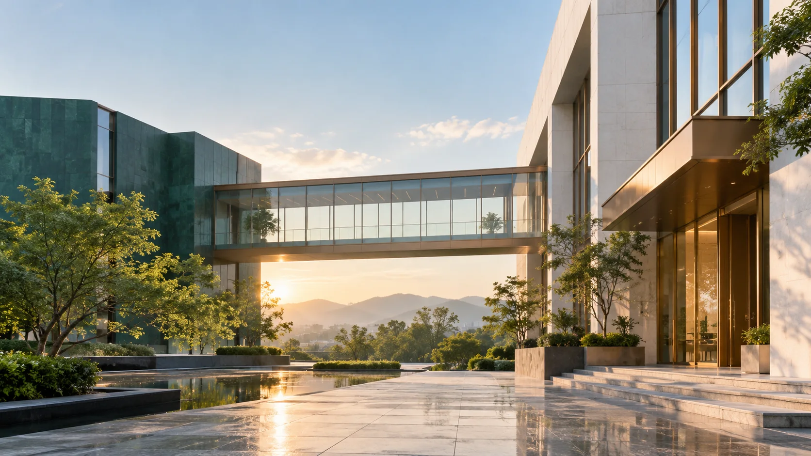 两翼不同材质的建筑通过通透廊桥相连,体量真实克制,以空间关系表达调整与协同