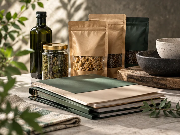 一组食品器物、设备材料与资料封套组成精细静物装置，禁止证书印章和获批勾号