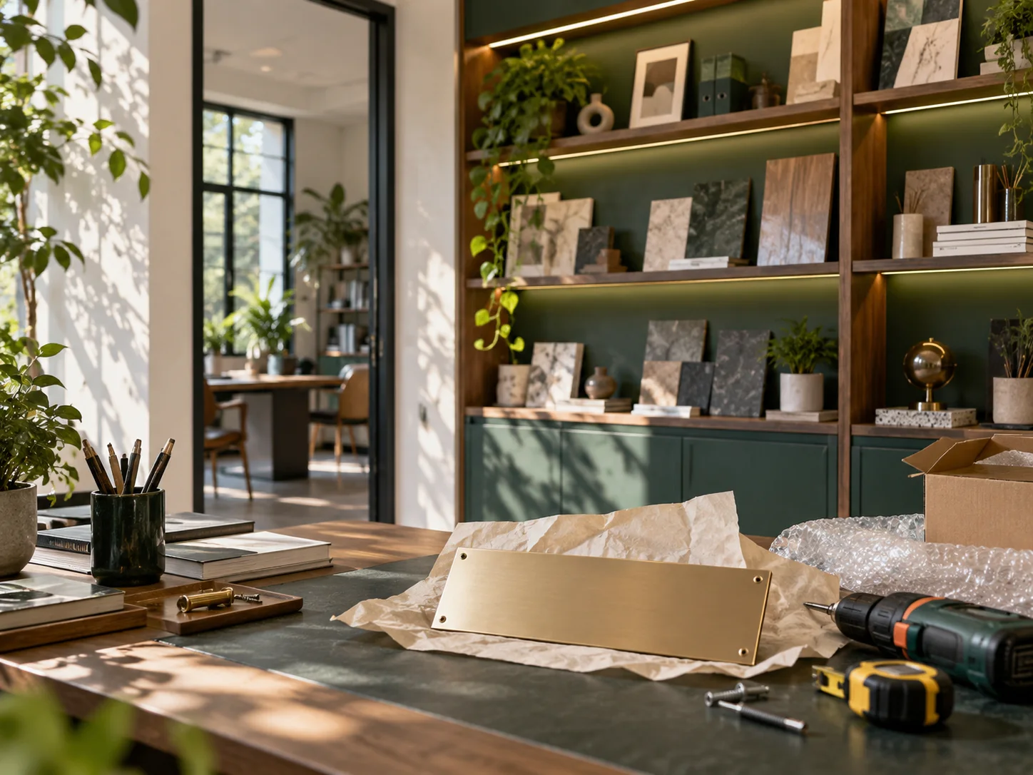 新工作室的样品展示墙刚布置好，未安装的空白门牌与工具放在前景，表达搬迁更新