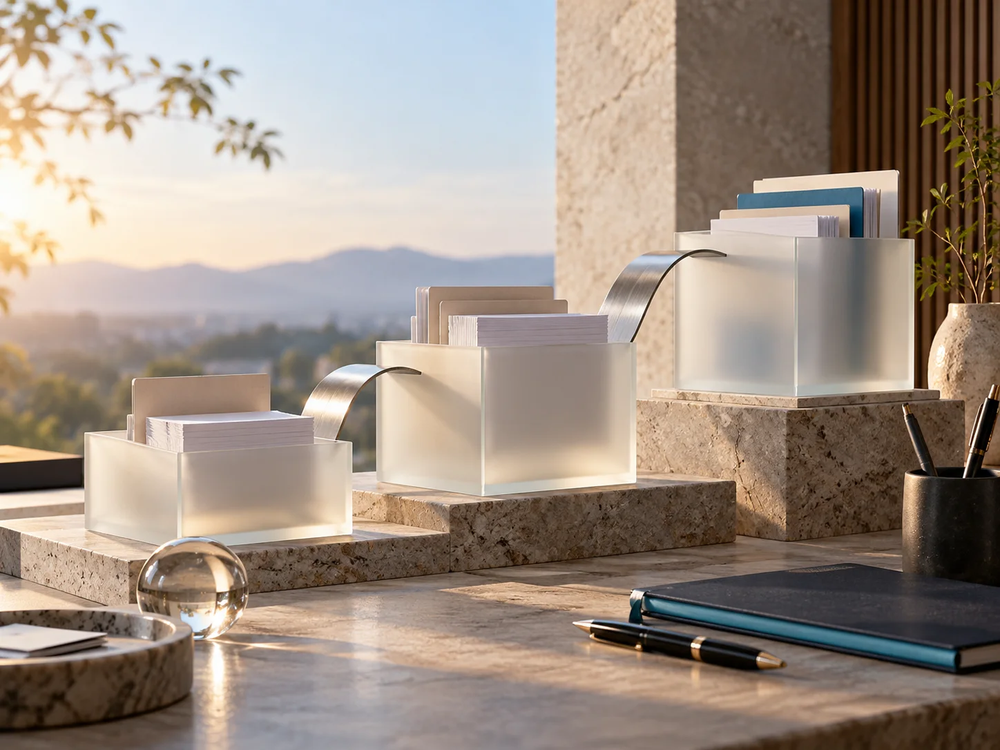 三组薄纸与磨砂玻璃盒形成有序的错层构成,中间真实金属桥接件体现日常账务归集