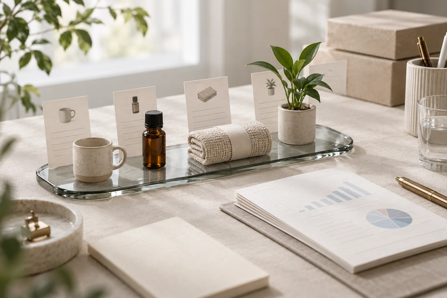 几件小型产品样品与对应无字记录卡,薄玻璃托盘连接两者,表现账务跟随生意
