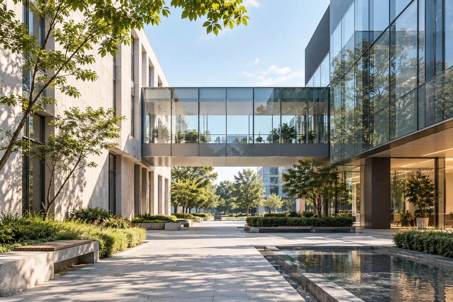 两翼不同材质的建筑通过通透廊桥相连,体量真实克制,以空间关系表达调整与协同