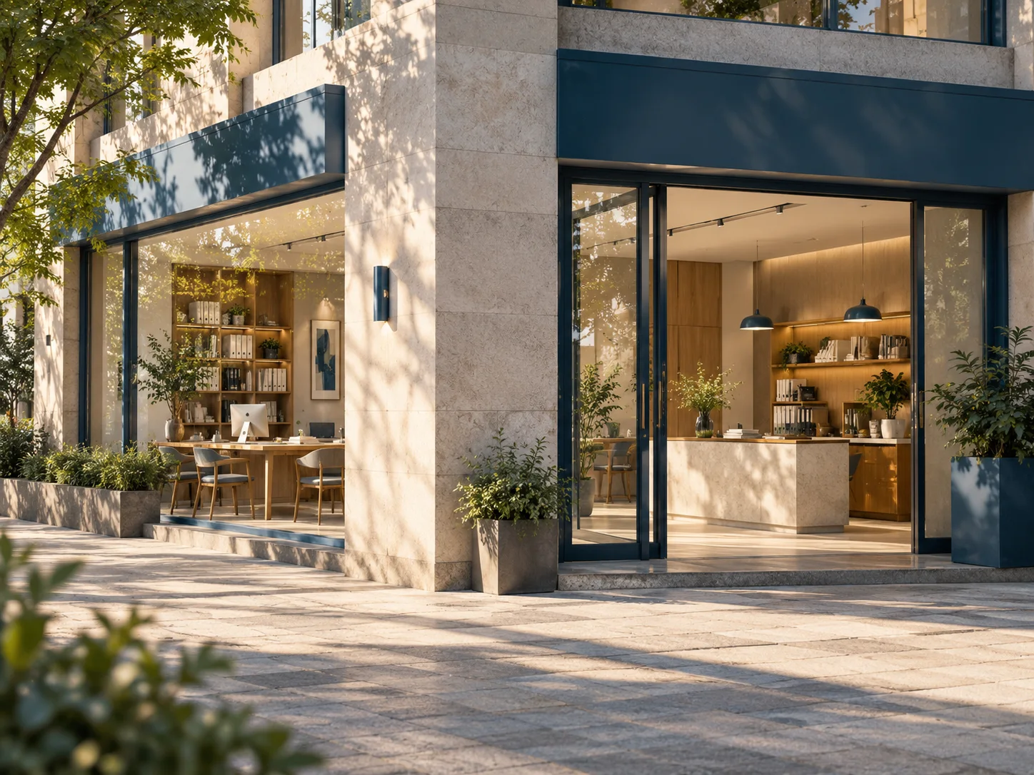 通透的现代街角独立店铺,石材门廊框住温暖的陈列空间,经营日常已从容展开