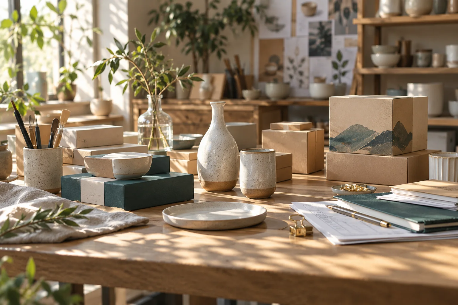 产品设计工作室的陶瓷和包装样品，旁边只有少量业务记录，账务支持产品经营的关系明确